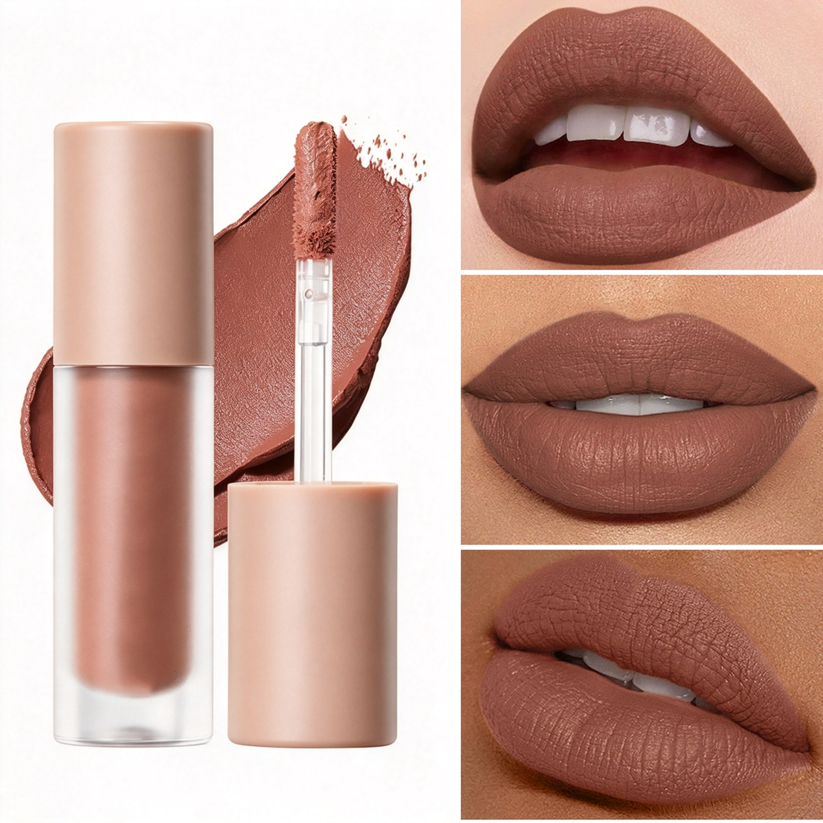 Nude-toned lip mud: 10-shade matte lip glaze—long-lasting, non-transfer, and smudge-proof.