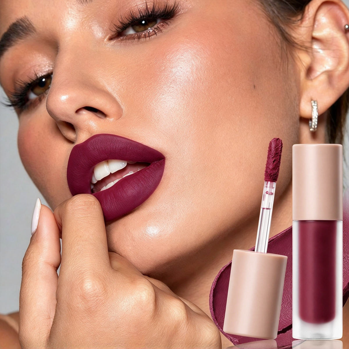 Nude-toned lip mud: 10-shade matte lip glaze—long-lasting, non-transfer, and smudge-proof.