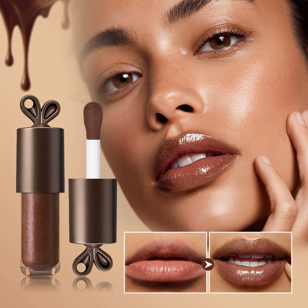 Long-lasting chocolate-colored mirror-finish lip glaze