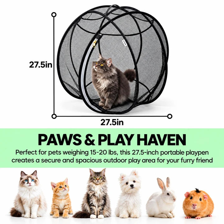 Pet playpen dimensions marked 27.5 inches by 27.5 inches with cats and small animals pictured