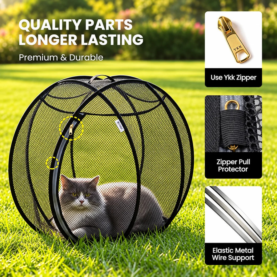 Pet playpen zipper, zipper pull protector and flexible metal frame details