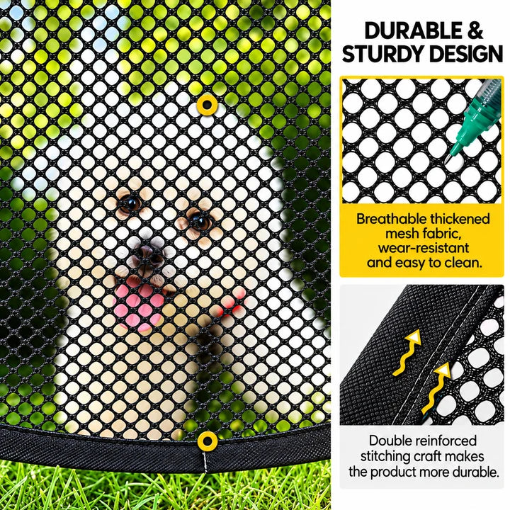 Close-up of mesh fabric and reinforced stitching on the pet playpen