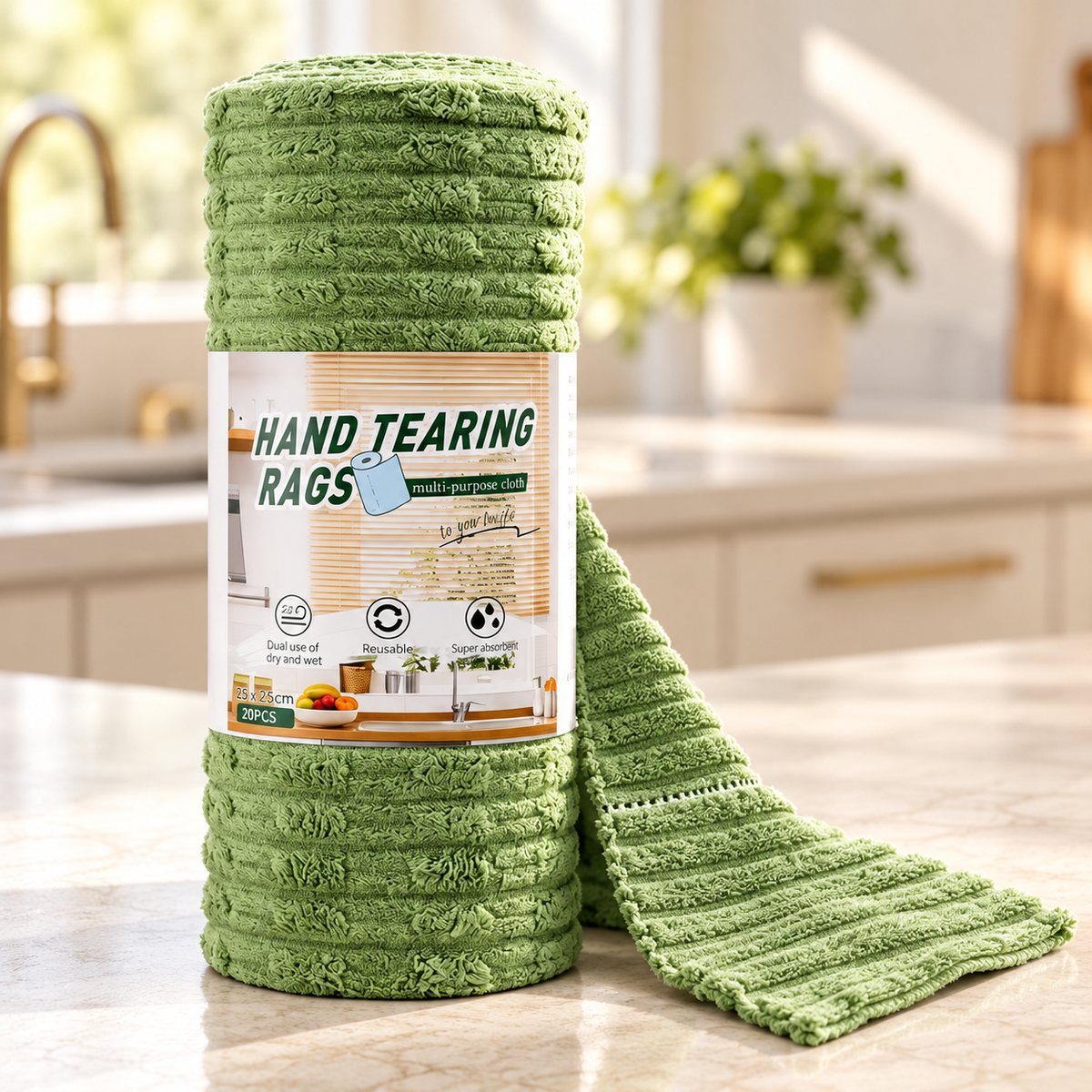 Tear-Off Microfiber Cleaning Cloth Roll, Lint-Free Highly Absorbent Disposable Reusable Kitchen Rags for Grease, Spills & Household Daily Cleaning