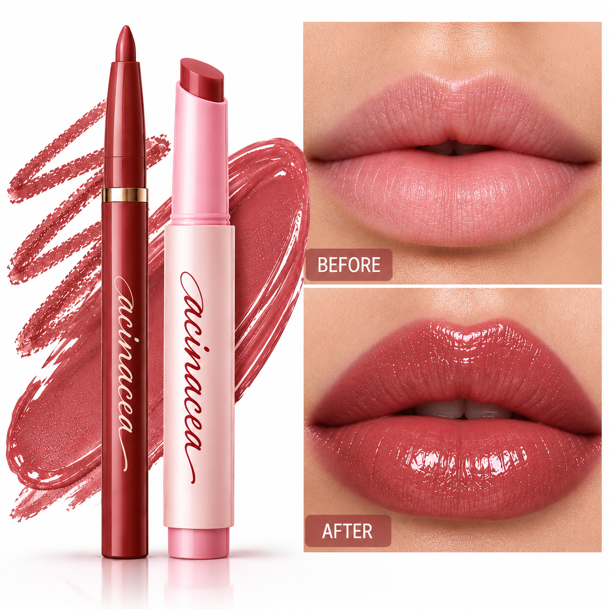 Natural 3D Lipstick & Lip Glaze (Click-style Solid Lip Gloss) + Matte Lip Liner